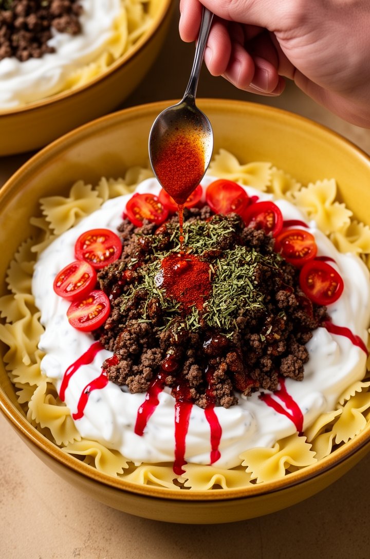 Overhead shot of Turkish pasta being assembled in a golden-yellow ceramic bowl — a layer of farfalle pasta on the bottom, a generous white swirl of garlic yogurt sauce, a mound of dark seasoned ground
