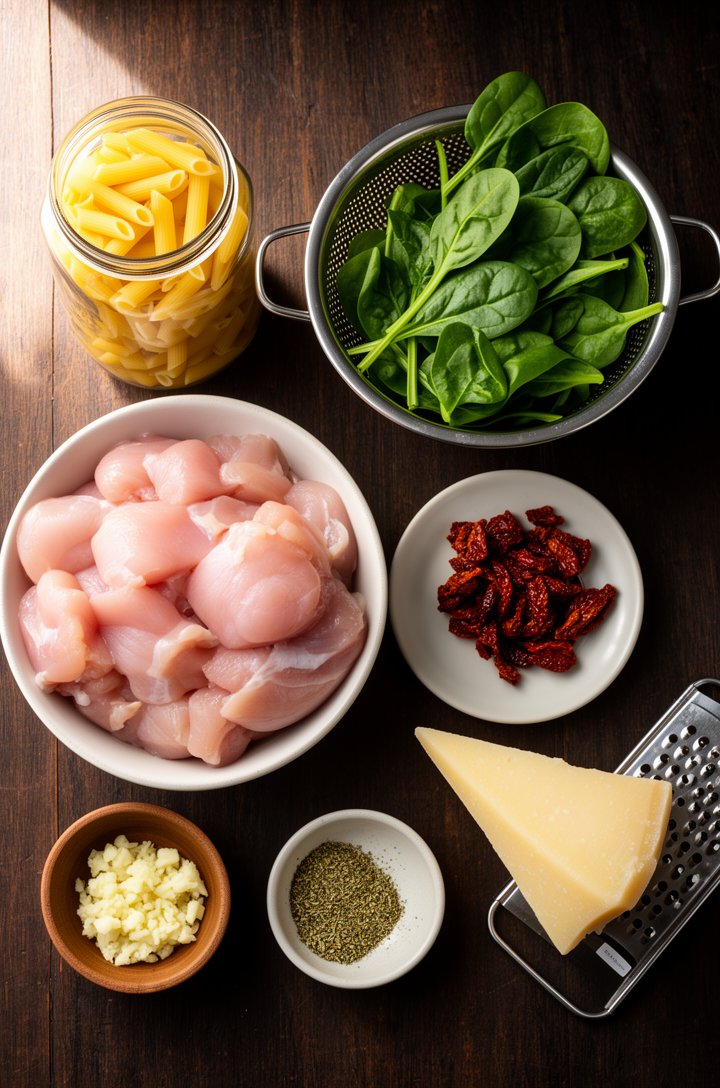 Overhead flat-lay of tuscan chicken pasta ingredients arranged on a dark wooden surface — a bowl of raw chicken pieces, small bowl of minced garlic, penne pasta in a glass jar, cup of heavy cream, bab