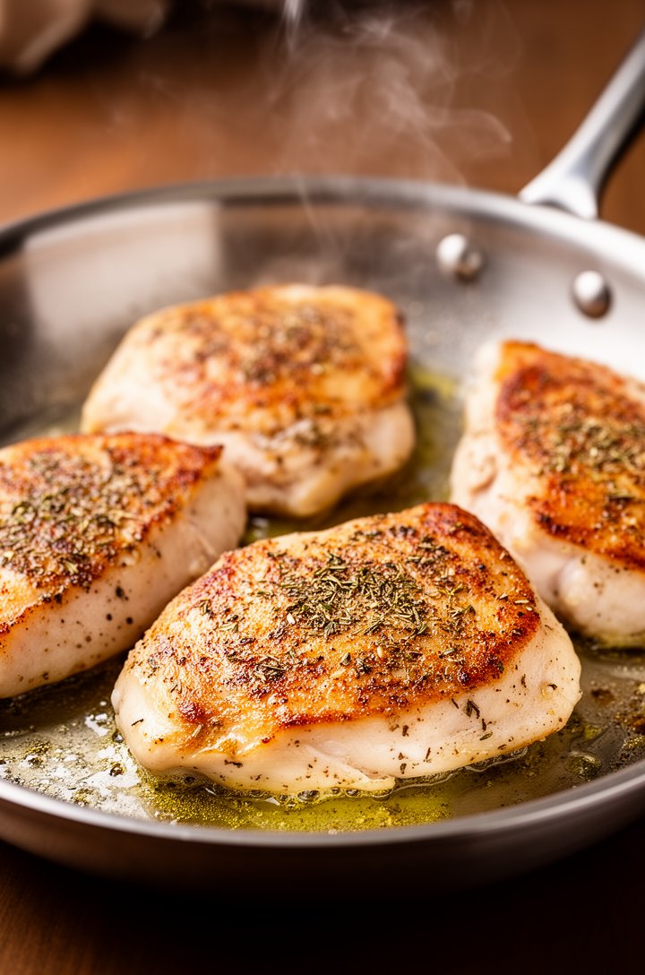 Close-up 45-degree angle shot of seasoned raw chicken pieces sizzling in a hot stainless steel skillet, golden-brown sear developing on the bottom of the chicken chunks, Italian herb seasoning visible