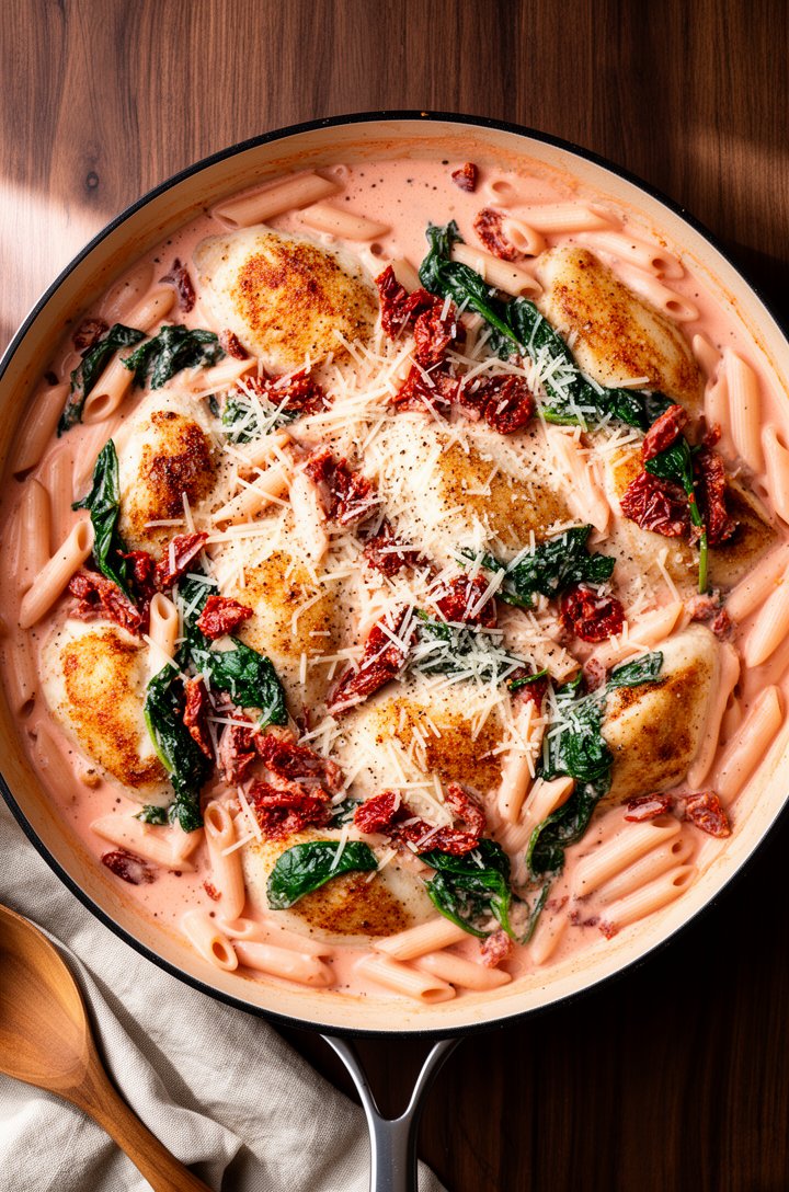 Overhead shot looking directly down into a large skillet filled with creamy tuscan chicken pasta — penne tubes coated in a rich blush-pink cream sauce, golden-seared chicken pieces, wilted dark green 