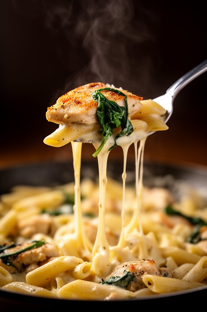 Tight close-up macro shot of a single forkful of tuscan chicken pasta being lifted from the skillet, creamy sauce stretching and dripping back down, a piece of golden chicken and a spinach leaf clingi