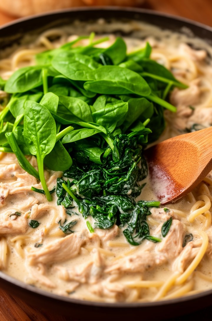 Overhead close-up of bright green baby spinach being added to the creamy chicken sauce in the skillet, half the spinach still fresh and vibrant green on top while the bottom leaves are just beginning to wilt into the creamy sauce, a wooden spoon pushing the spinach down, warm natural lighting