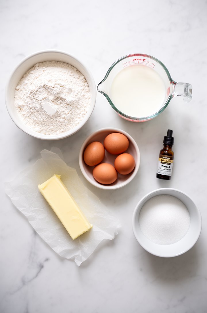 Overhead flat-lay of baking ingredients arranged on a white marble countertop — a bowl of sifted flour, four eggs in a small ceramic bowl, a stick of butter on parchment, a measuring cup of milk, a bo