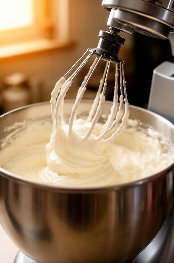 Close-up side-angle shot of a stand mixer bowl filled with pale white whipped egg and sugar mixture, thick ribbon-like streams falling from the lifted whisk attachment. The mixture is glossy, volumino
