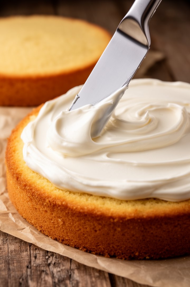 Close-up 45-degree angle shot of a offset spatula smoothing thick white vanilla buttercream frosting across the top of a golden vanilla cake layer, the frosting curling and swooping under the blade. A