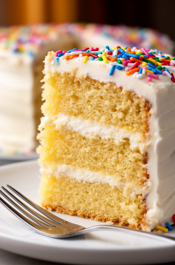 Extreme close-up macro shot of a tall slice of two-layer vanilla cake on a white ceramic plate, showing the tender golden-yellow crumb with fine even texture, thick layer of white buttercream between 