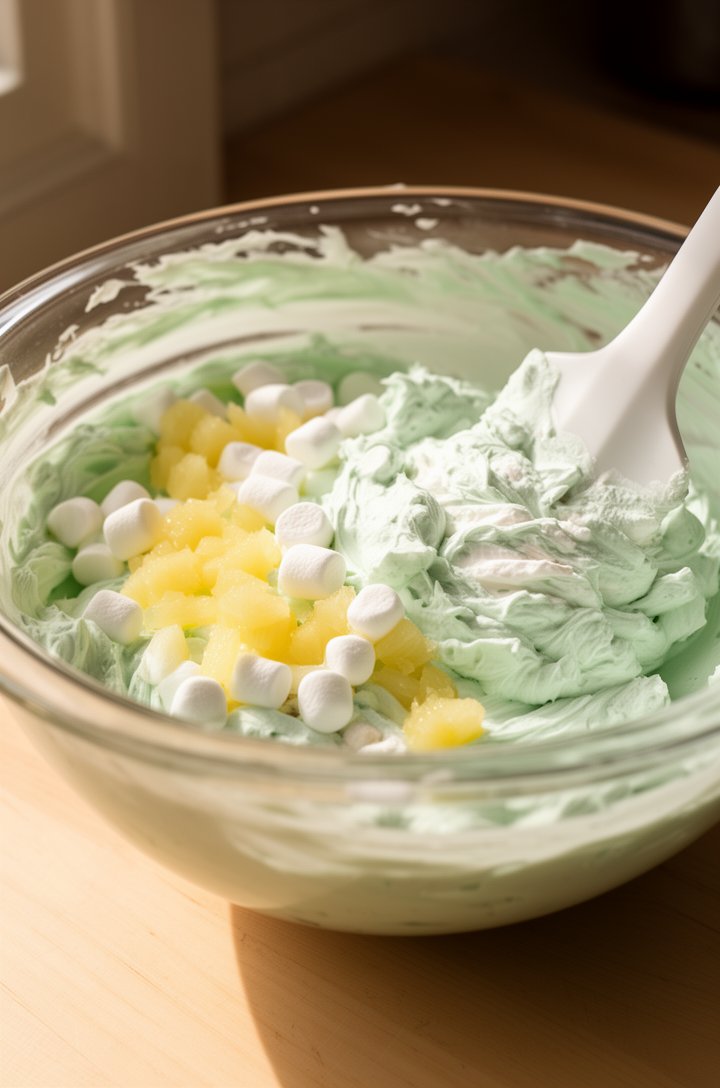 Close-up 45-degree angle shot of a large glass mixing bowl with pale mint-green mixture being folded together with a white spatula. Visible chunks of crushed pineapple and miniature marshmallows throu