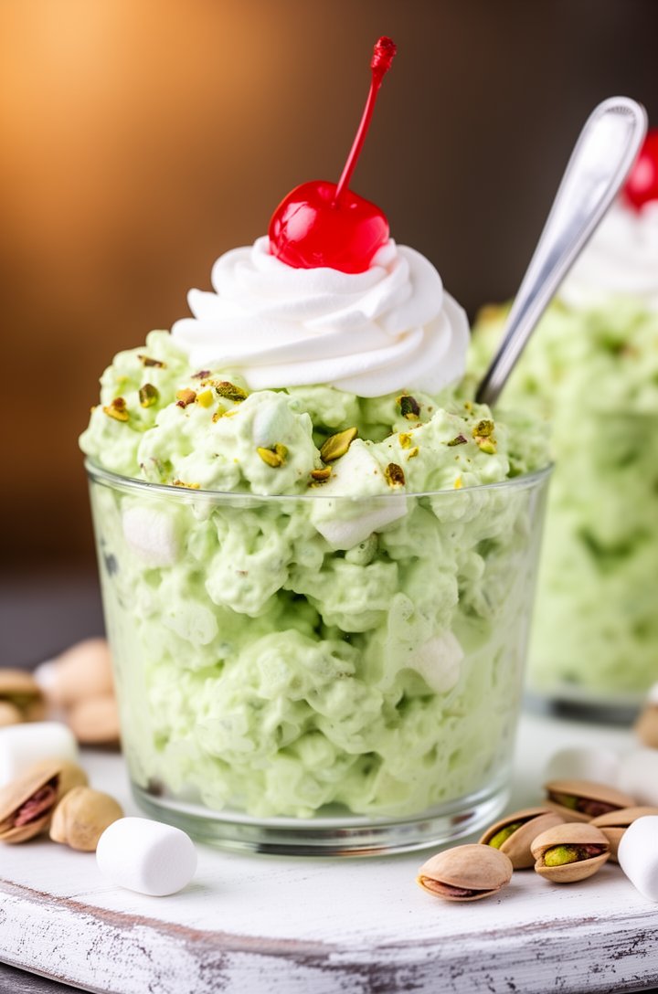 Extreme close-up macro shot of a single glass cup filled with fluffy pale green Watergate salad, topped with a swirl of white whipped cream and a bright red maraschino cherry with stem on top. Visible