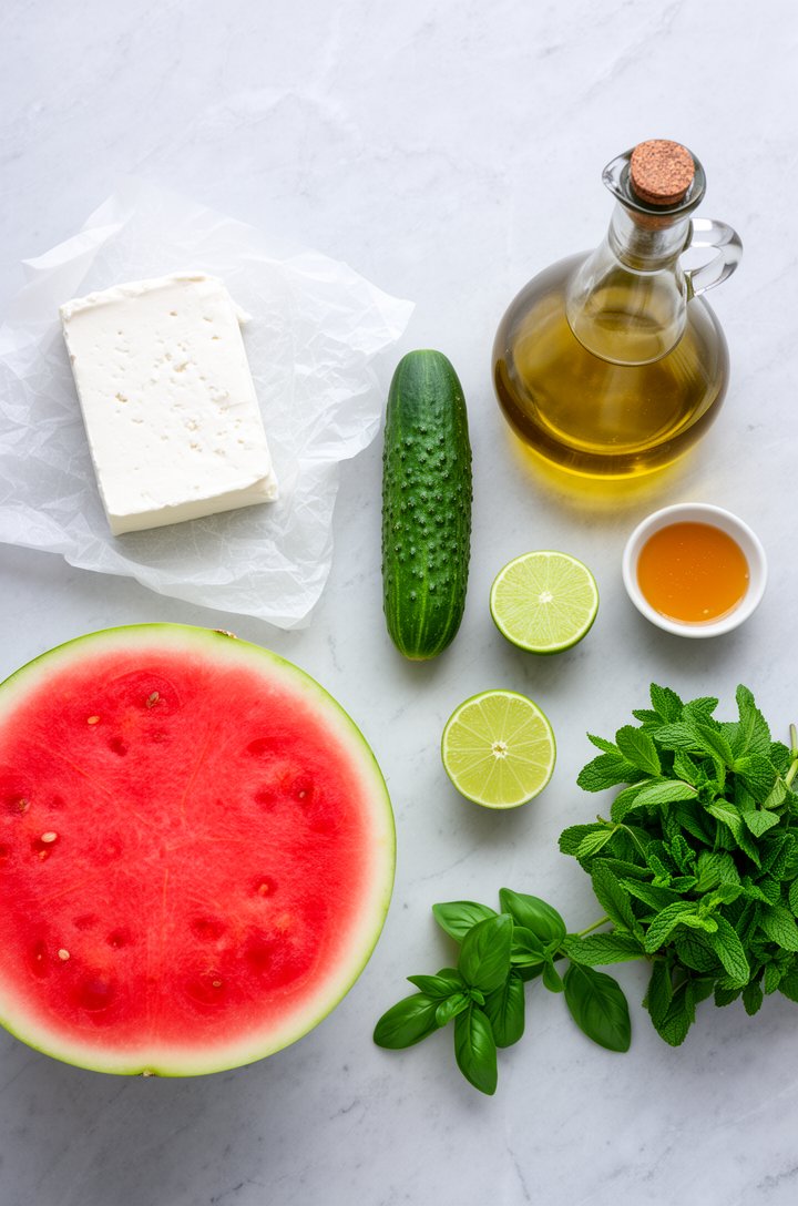 Overhead flat-lay of watermelon feta salad ingredients laid out on a light gray marble surface — a half watermelon cut open showing vibrant red flesh, a block of white Greek feta on parchment paper, a