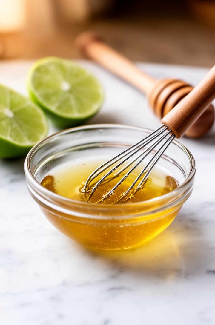 Close-up 45-degree angle shot of a small glass bowl with honey-lime dressing being whisked together, golden honey mixing with translucent lime juice and olive oil, a tiny whisk resting in the bowl, li
