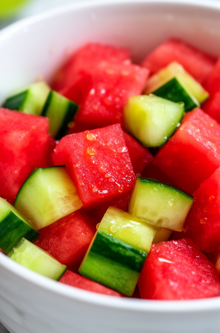 Extreme close-up macro shot of ruby-red watermelon cubes and green cucumber cubes freshly tossed together in a large white ceramic bowl, glistening with honey-lime dressing, tiny droplets of dressing 