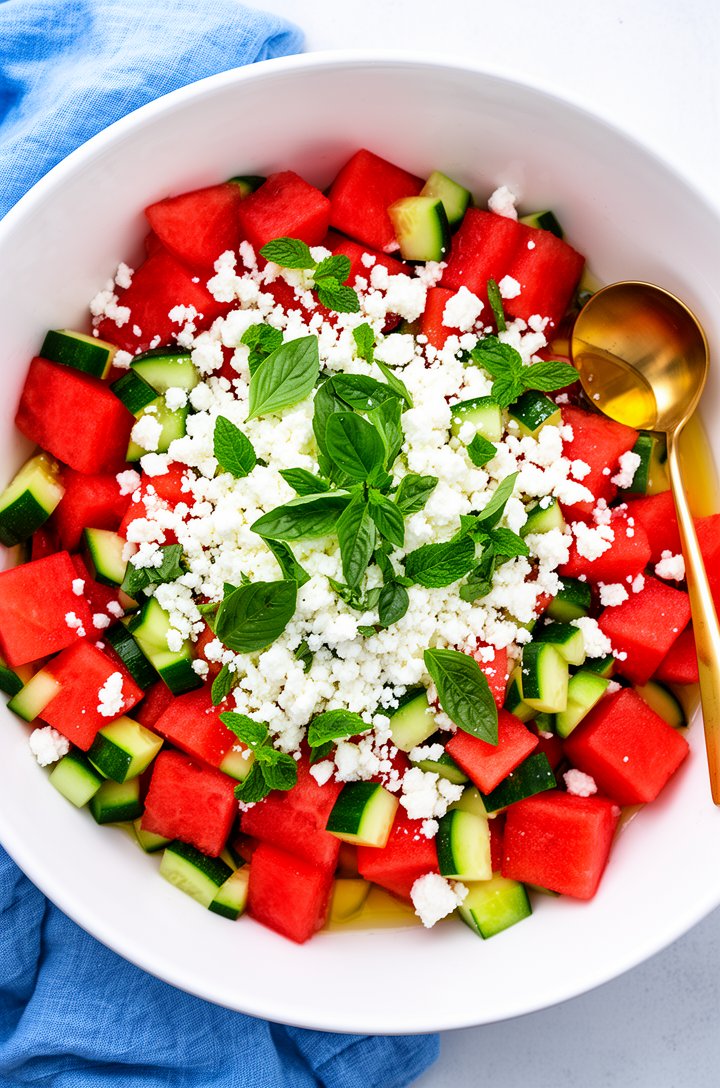 Overhead shot looking directly down into a large white bowl filled with finished watermelon feta salad, vibrant red watermelon cubes interspersed with green cucumber pieces, generous white feta crumbl