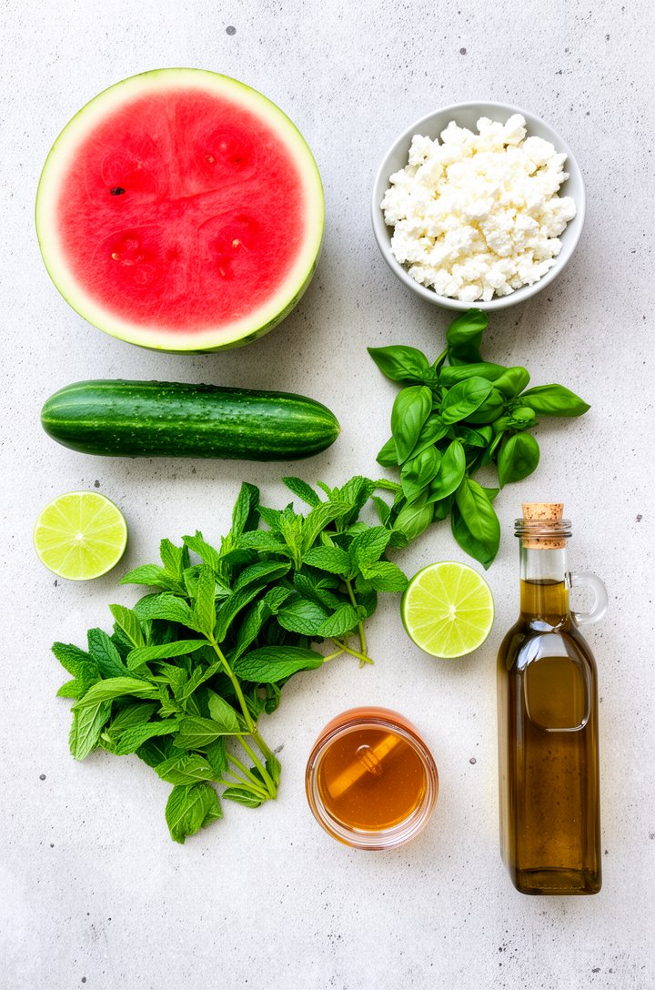 Overhead flat-lay of watermelon salad ingredients arranged on a light grey concrete surface — a halved mini watermelon showing bright red flesh, a whole English cucumber, a small bowl of crumbled whit