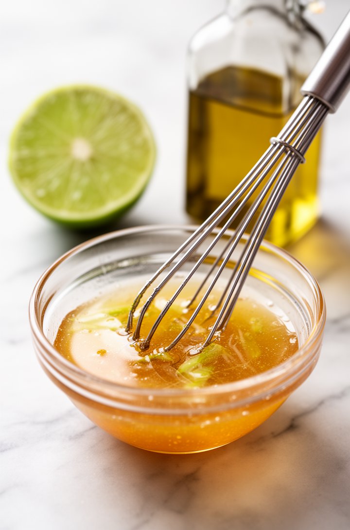 Close-up of a small glass bowl with golden honey-lime dressing being whisked with a small whisk, showing the emulsified mixture with visible lime juice streaks blending into the honey. A halved lime a