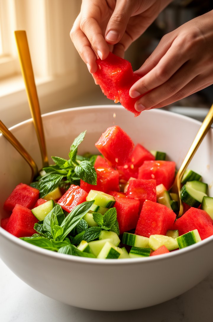 Action shot from slightly above showing hands gently tossing bright red watermelon cubes and green cucumber pieces in a large white ceramic bowl with gold serving utensils, fresh basil and mint leaves