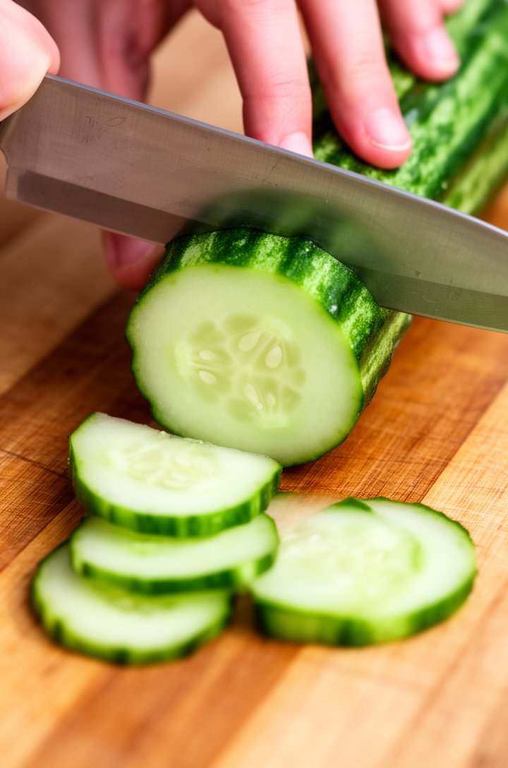 Close-up 45-degree angle of an English cucumber being sliced into half-moon shapes on a wooden cutting board, the knife mid-cut showing the pale green interior with tiny seeds. Several finished half-moons scattered nearby. Bright natural side lighting, shallow depth of field.