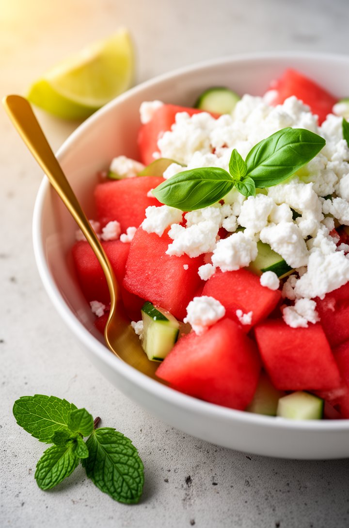 Finished watermelon feta salad from a 45-degree angle in a white bowl on a light concrete surface, generous white feta crumbles scattered across the top, fresh whole basil leaves as garnish, a gold spoon tucked into the side. A small sprig of mint and a lime wedge sit beside the bowl. Warm afternoon sunlight from the left, shallow depth of field, inviting and vibrant.