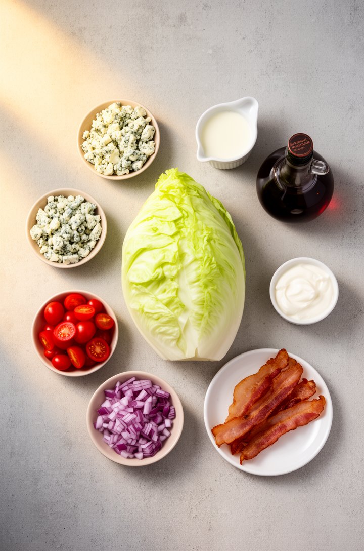 Overhead flat-lay photograph of wedge salad ingredients arranged on a light gray concrete surface. A whole head of pale green iceberg lettuce in the center, surrounded by small bowls containing crumbl