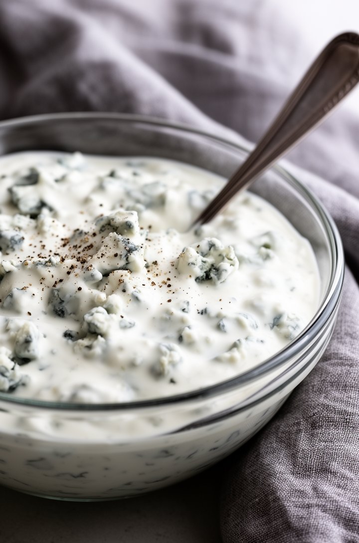 Close-up 45-degree angle shot of a medium glass bowl filled with chunky homemade blue cheese dressing, creamy white base with visible blue cheese crumbles throughout, a silver spoon resting in the bow