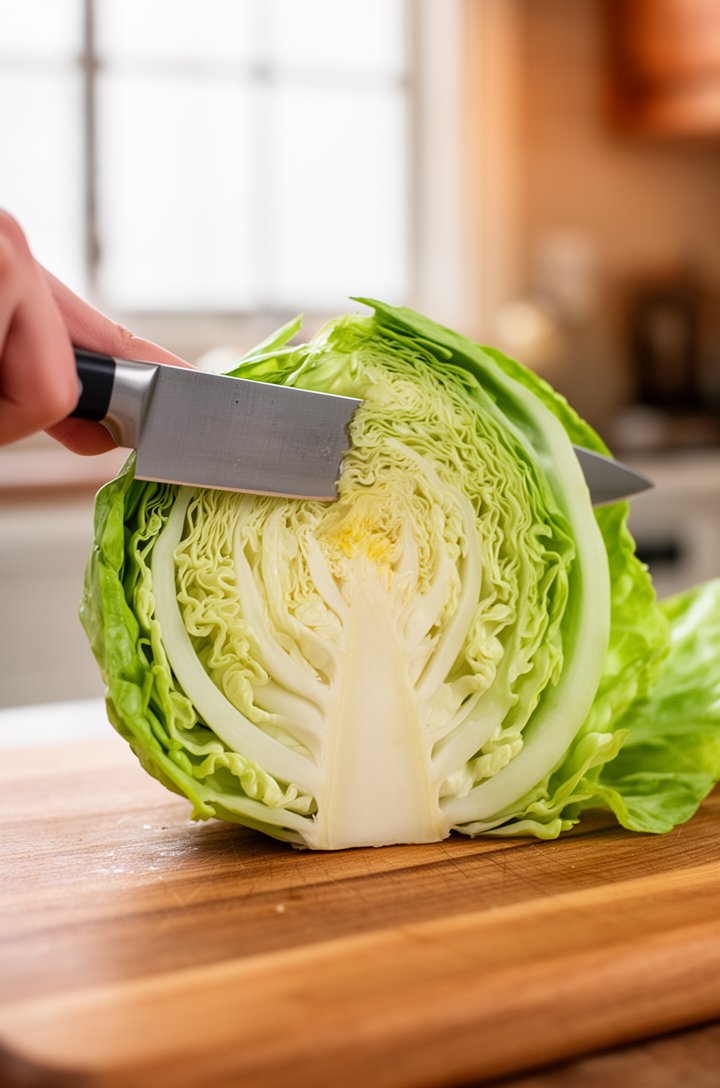Side-angle shot at table level of a sharp chef's knife cutting through a whole head of iceberg lettuce on a wooden cutting board, the lettuce split open revealing the pale green and white layered inte