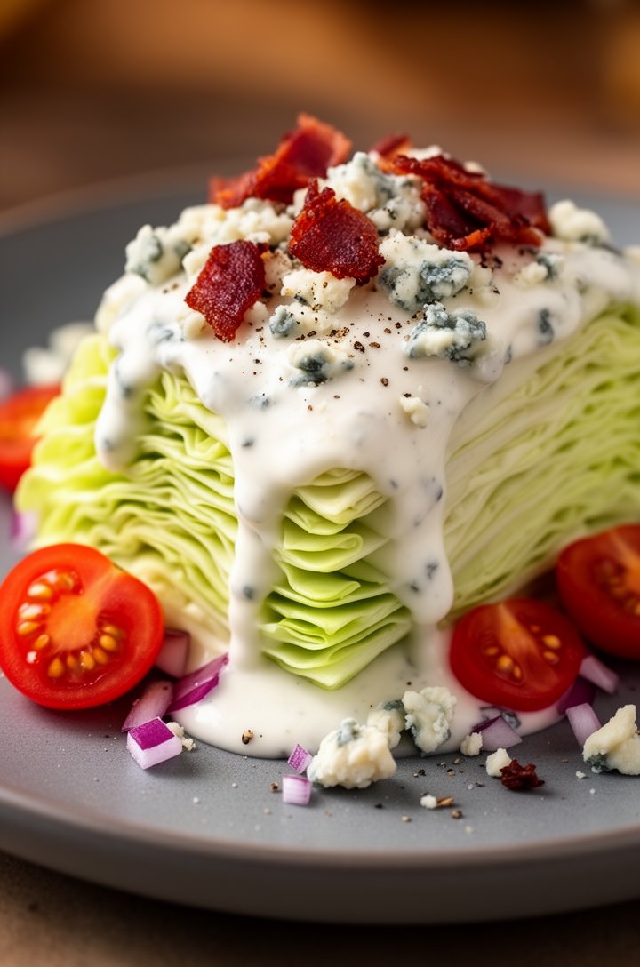 Extreme close-up macro shot of a single dressed wedge salad on a matte gray ceramic plate, creamy white blue cheese dressing dripping down the crisp pale green iceberg lettuce layers, deep red crumble