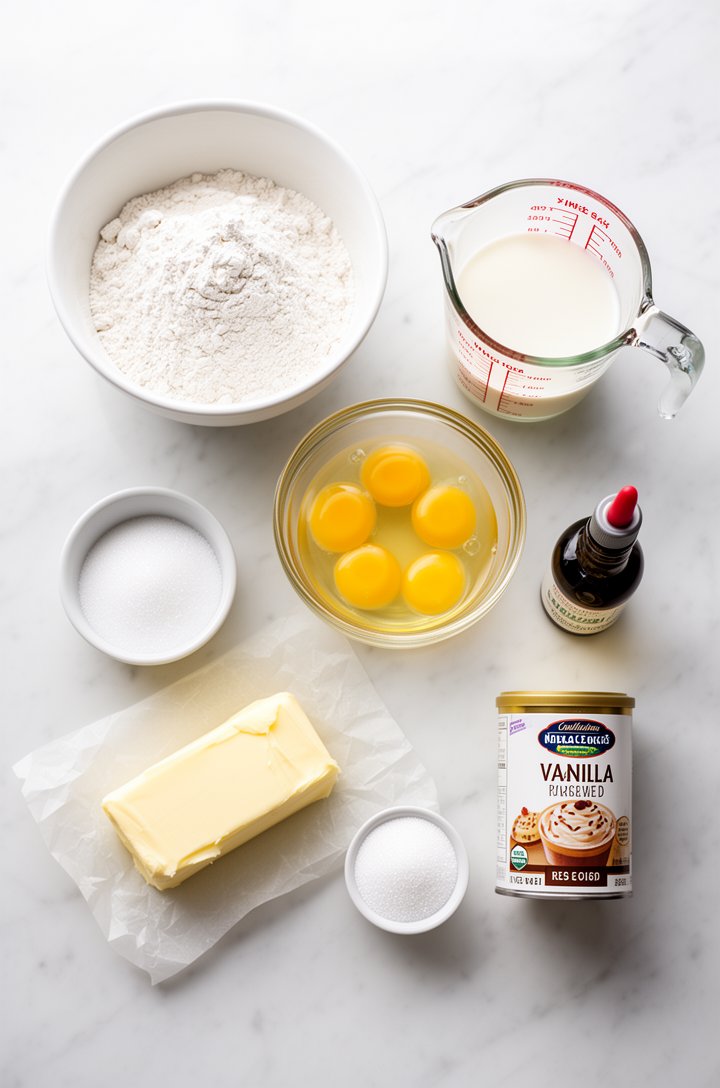Bright overhead flat-lay of white cake baking ingredients arranged on a white marble countertop — a bowl of sifted flour, a measuring cup of whole milk, six separated egg whites in a glass bowl, a sti