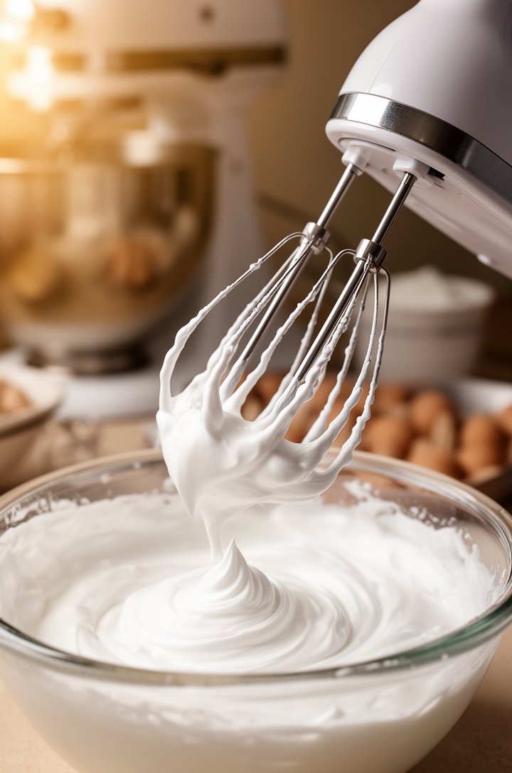 Close-up side angle of a hand mixer lifting out of a glass bowl filled with perfectly whipped egg whites forming stiff glossy peaks, bright white meringue clinging to the beaters, a few wisps pulling 
