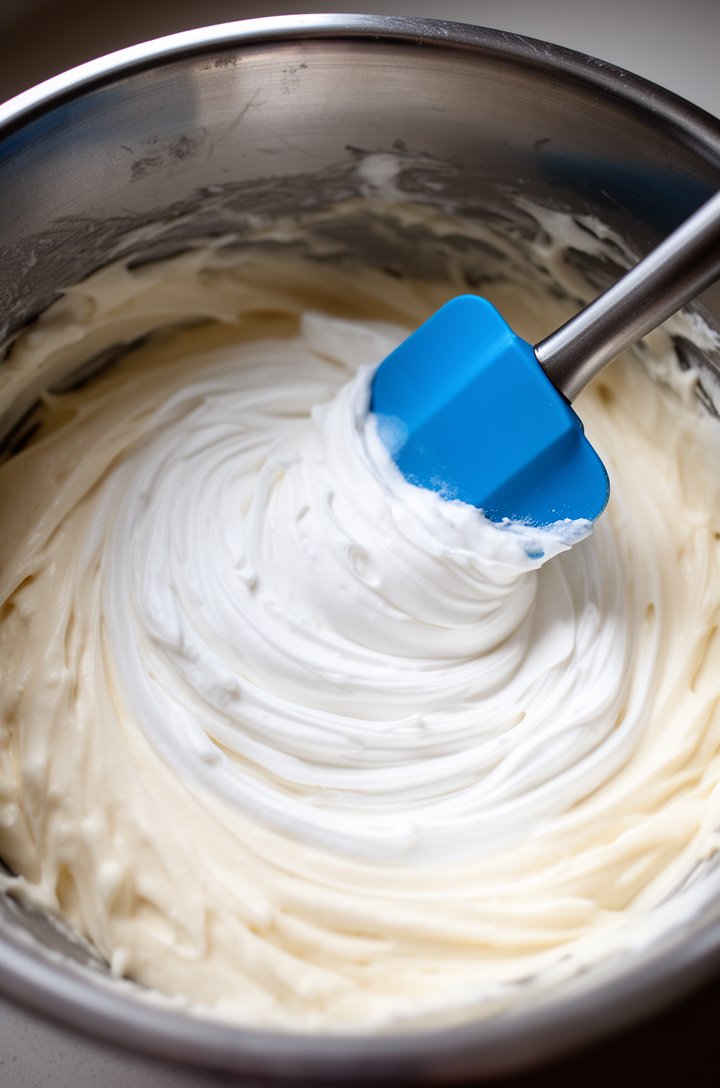 Macro close-up of thick white cake batter being gently folded with a blue rubber spatula in a large stainless steel mixing bowl, showing ribbons of whipped egg white being incorporated into the pale i