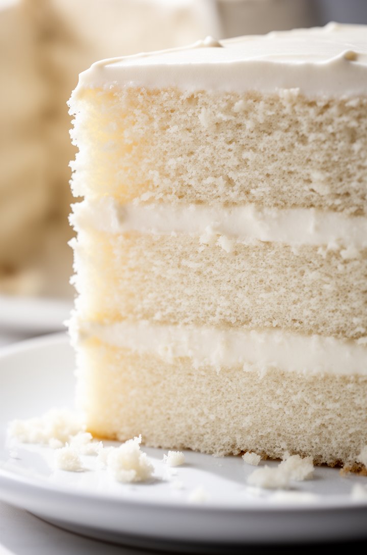 Extreme close-up of a tall slice of two-layer white cake on a white ceramic plate, showing the cross-section of the incredibly fine, tender, snow-white crumb with a generous layer of smooth white vani