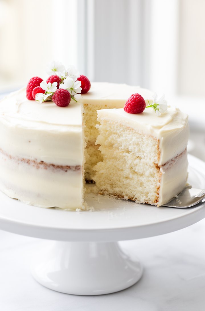 A whole frosted two-layer white cake on a white ceramic cake stand with a single slice being pulled away with a silver cake server, revealing the fluffy snow-white interior crumb and buttercream layer